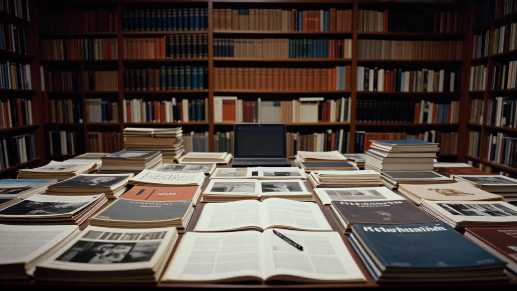 Forschungsbibliothek: markierte Seite in Bücherstapeln