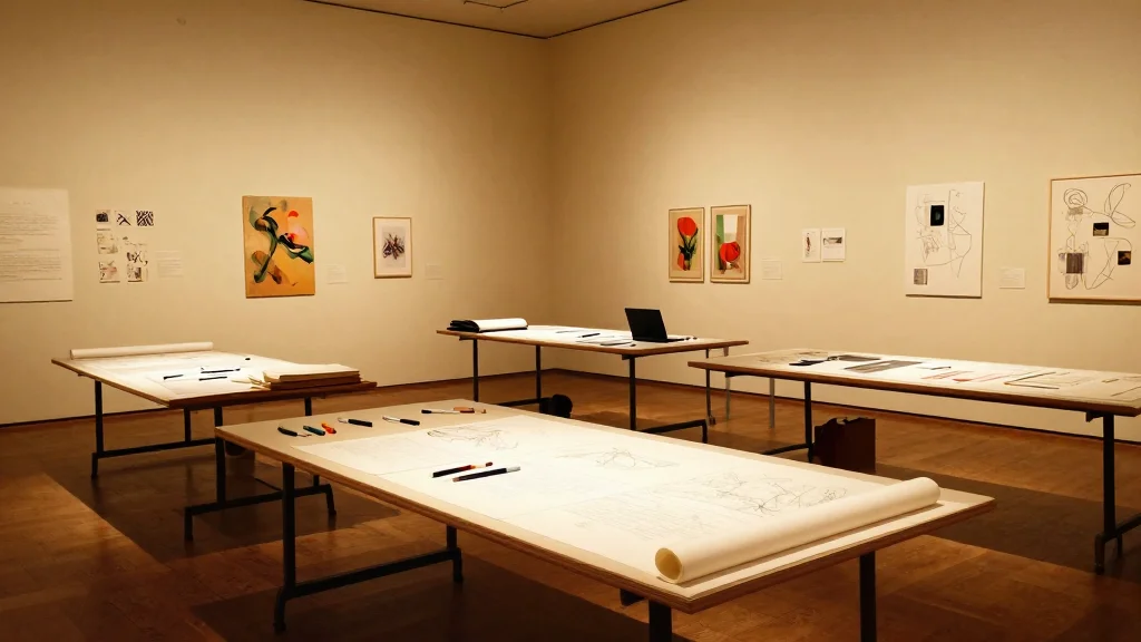Workshop-Tische zwischen Kunstwerken nach Schließung