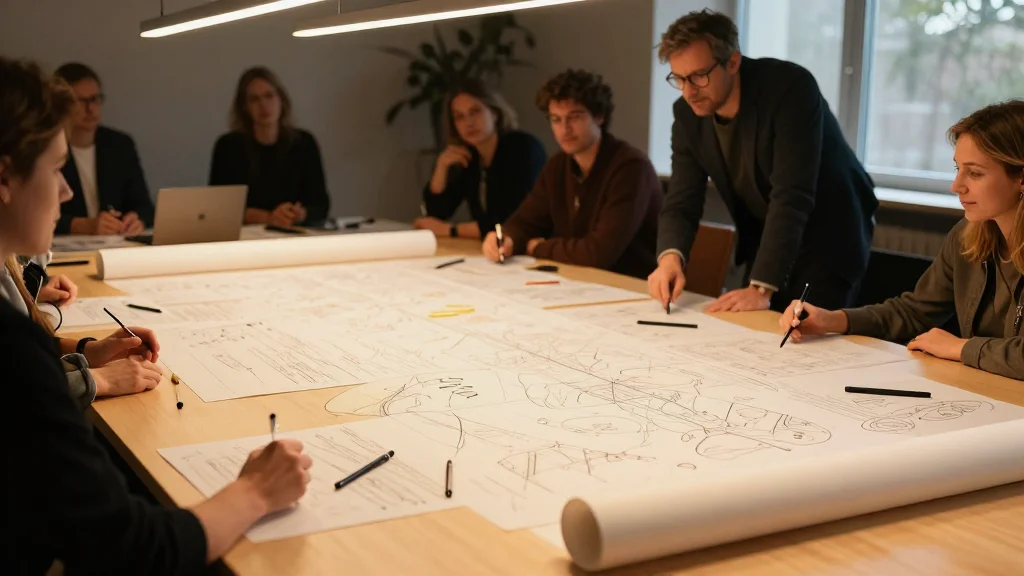 Führungsteam entwickelt Strategie gemeinsam auf Papierrolle
